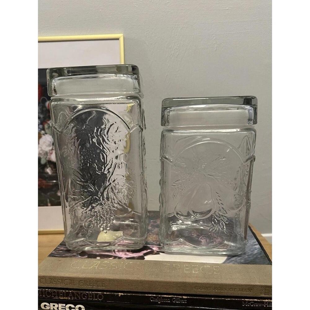 2 Vintage Libbey Glass Embossed Fruit Jars Canisters Airtight Lids Large & Small
